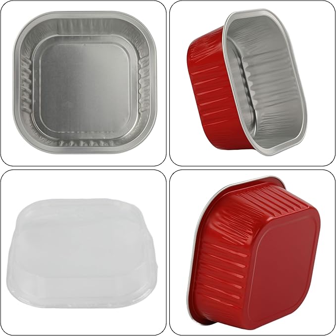 BAKINGPAK Baking Cups With Lids, 30PCS 10oz Square Mini Cake Pans With Lids Disposable Cupcake Containers Individual Cake Pans with Lids Mini Aluminum Pans with Lids for Christmas Party Birthday, Red