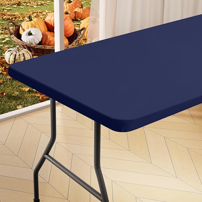 homing Rectangle Table Cloth Cover, Water-Resistant Polyester Elastic Fitted Tablecloth, Fits for 6 Foot Folding Tables, Washable Table Protector for Picnic, Camping, Outdoor (Navy Blue, 30" x 72")