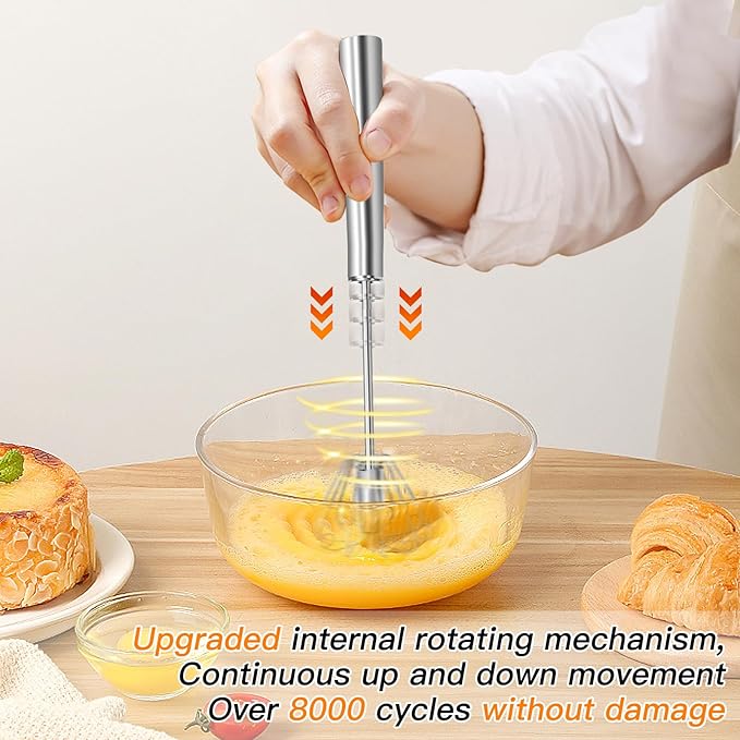 Qukaka Hand mixer egg beater,stainless steel semi automatic whisk,egg spinner,wisking tool,whipped cream dispenser,easy whisks for cooking,Beating&Stirring(12in)