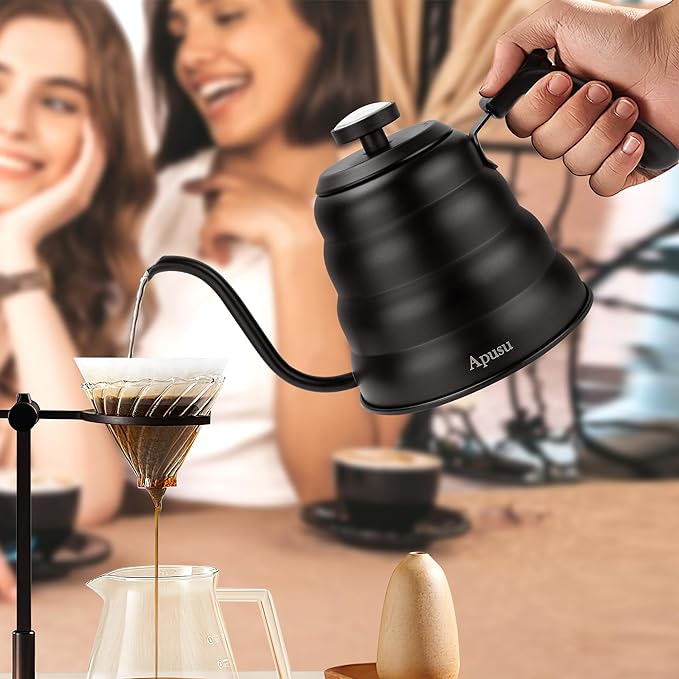 Tea Kettle with Thermometer,Black Gooseneck Coffee Kettle Pot Stovetop,40oz
