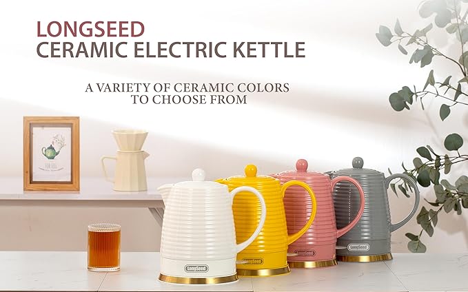 LONGSEED 1.26 Quarts Ceramic Electric Kettle with Infuser & Cups Kit, Boil Water Teapot, Boil-Dry Protection Auto Shut-off, Detachable Swivel Base, 1000W Fast Boiling for Tea and Coffee
