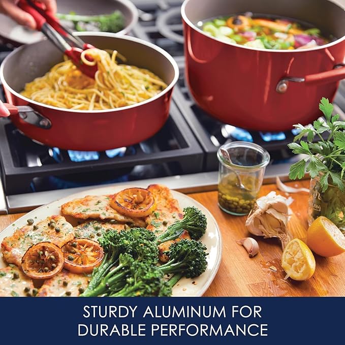 Rachael Ray Cucina Nonstick Cookware, Cranberry Red Pots and Pans Set, 12-Piece