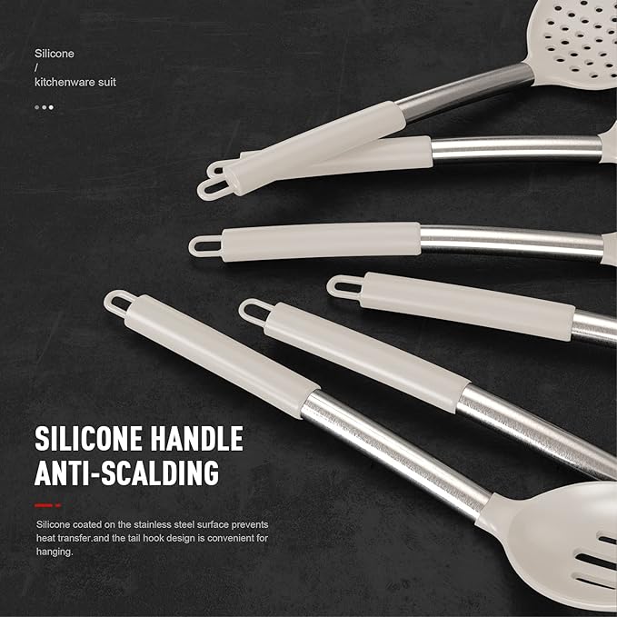 oannao Large Silicone Cooking Utensils Set - Heat Resistant Kitchen Utensils,Turner Tongs,Spatula,Spoon,Brush,Whisk,Stainless Steel Cooking Tool for Nonstick Cookware,Dishwasher Safe (Khaki)