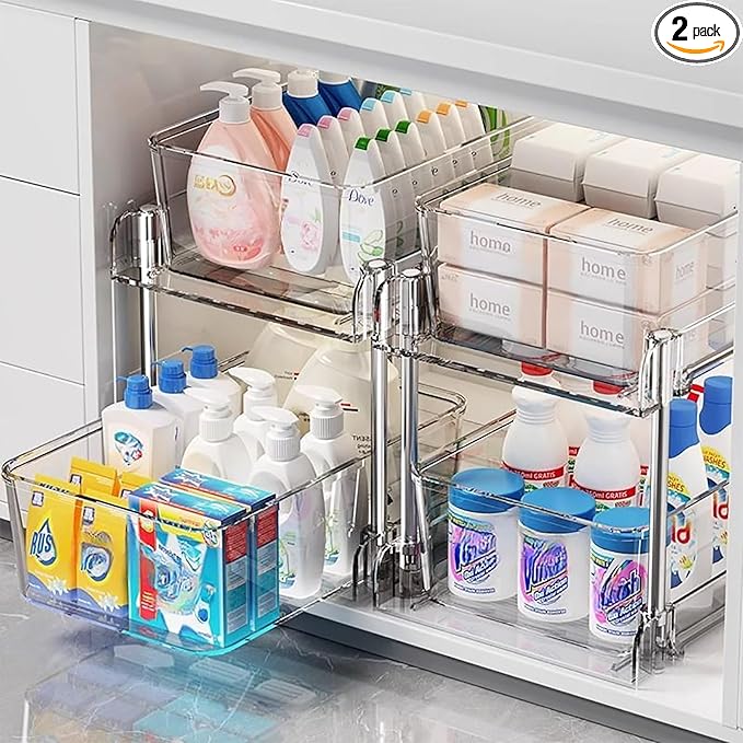 AITOPMART 2 Pack Bathroom Organizer,2 Tier Clear Under Sink Organizers Vanity Countertop Storage Container,Cabinet Drawers Bins, Pull-Out Organization with Track for Pantry, Kitchen