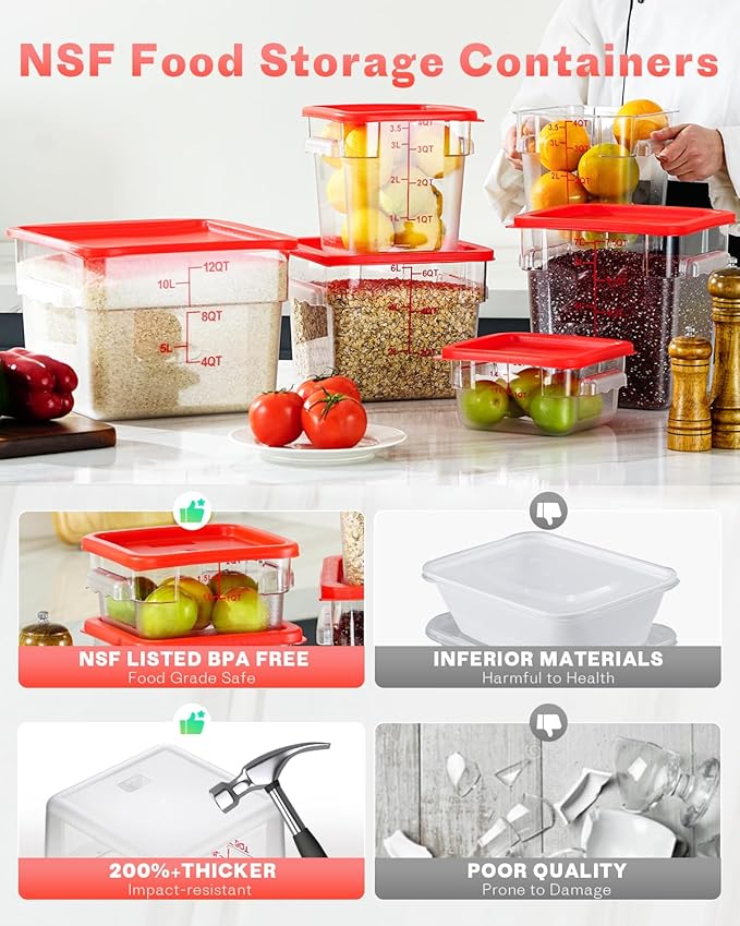 SVKLHY 4QT 6PCS NSF Commercial Clear Food Storage Containers with Lids(RED)