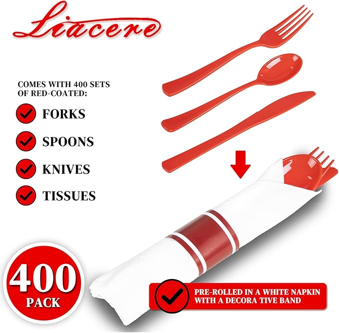 Liacere 400PCS Pre Rolled Red Silverware and Napkin - Disposable Red Plastic Utensils-Wrapped Plastic Cutlery Set with Napkin:100Forks,100Knives,100Spoons,100Napkins for Party & Independence Day