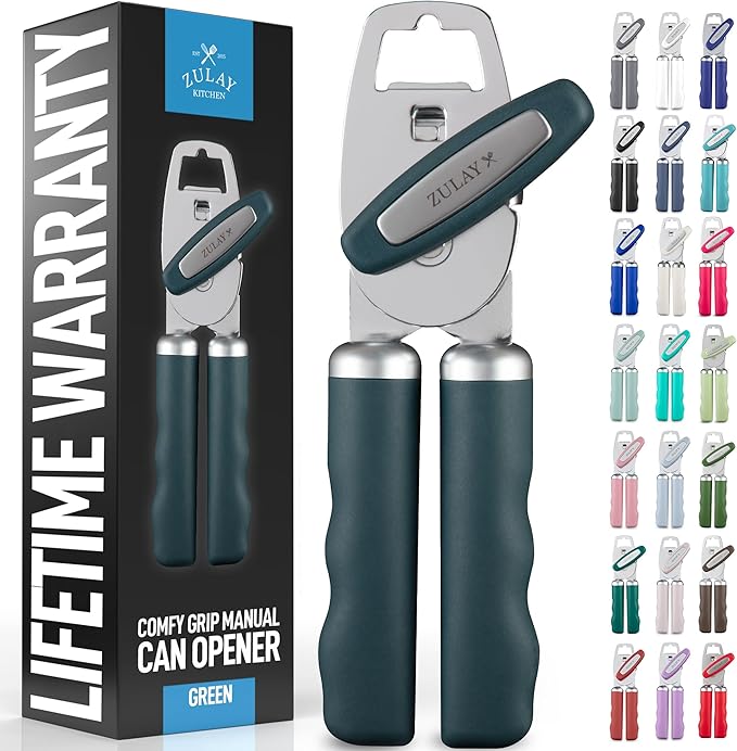 Zulay Kitchen Heavy Duty Stainless Steel Can Opener Manual with Bottle Opener - Rust Proof Manual Can Opener With Turn Knob & Comfy Soft Grip Handles - Green