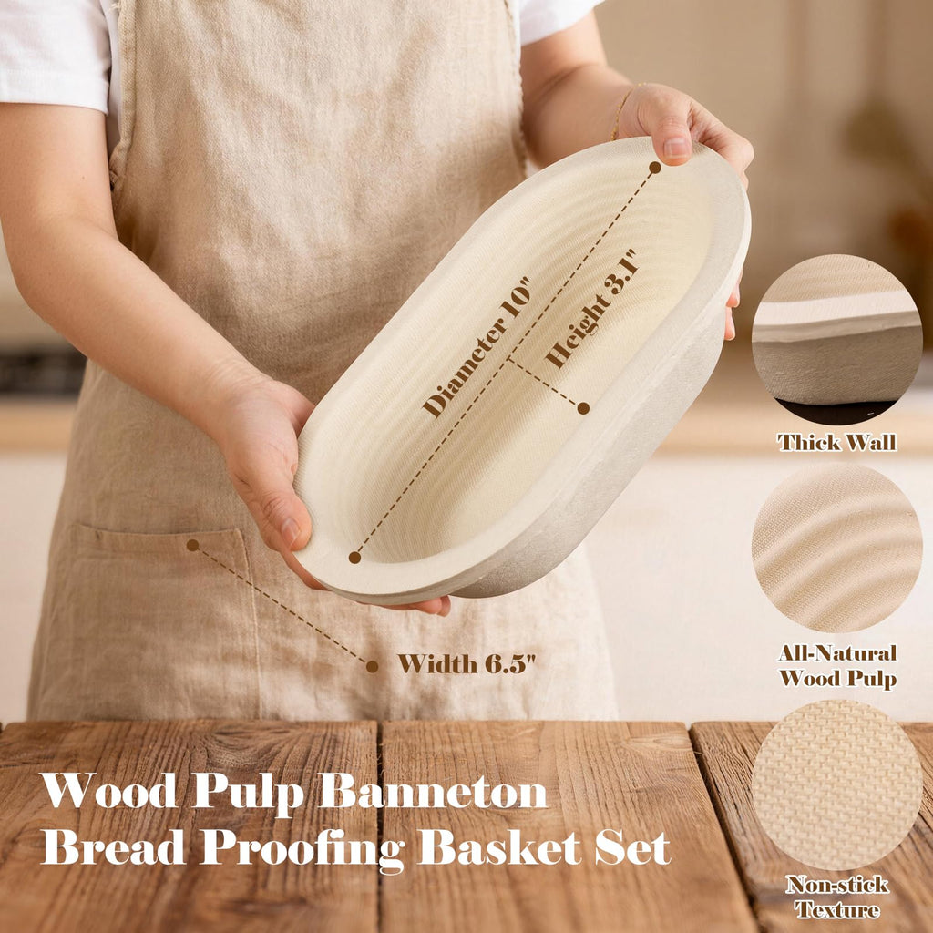 Non-Stick 10" Oval Wood Pulp Banneton Bread Proofing Basket Set Of 2, Sourdough Banneton Basket Set, Bread Making Tool Brotform Sourdough Bread Baking Supplies