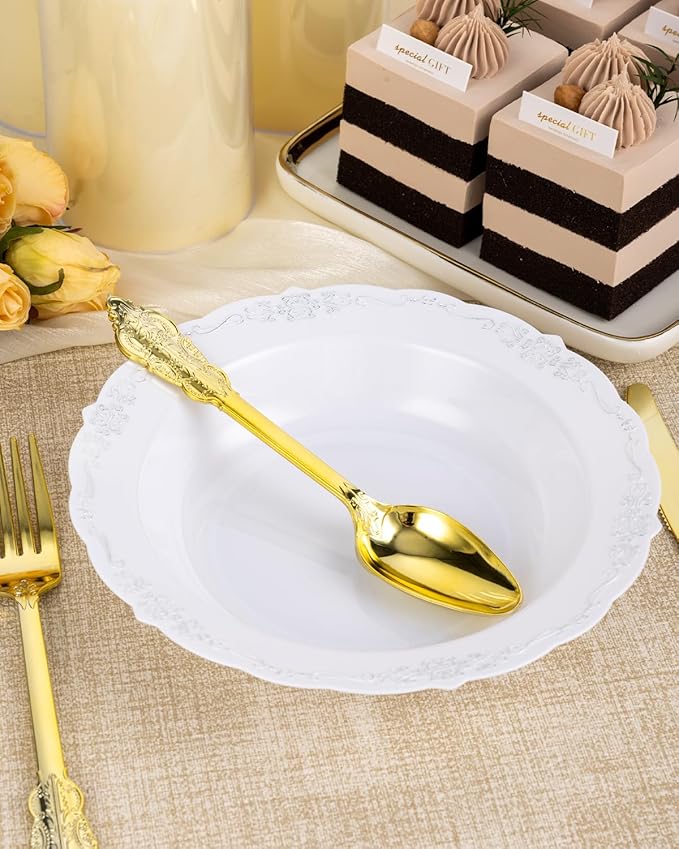Bestluck 50 Pack White Plastic Bowls with Silver Rim