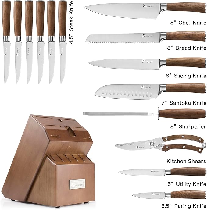 Kangdelun Ultra Sharp 15-Piece Knife Set, 50Cr15MoV High-Carbon Stainless Steel, Torrefied Brown Ash Wood Handles, Angled Dark Brown Wood Block, Easy Hand Wash, Gift Box