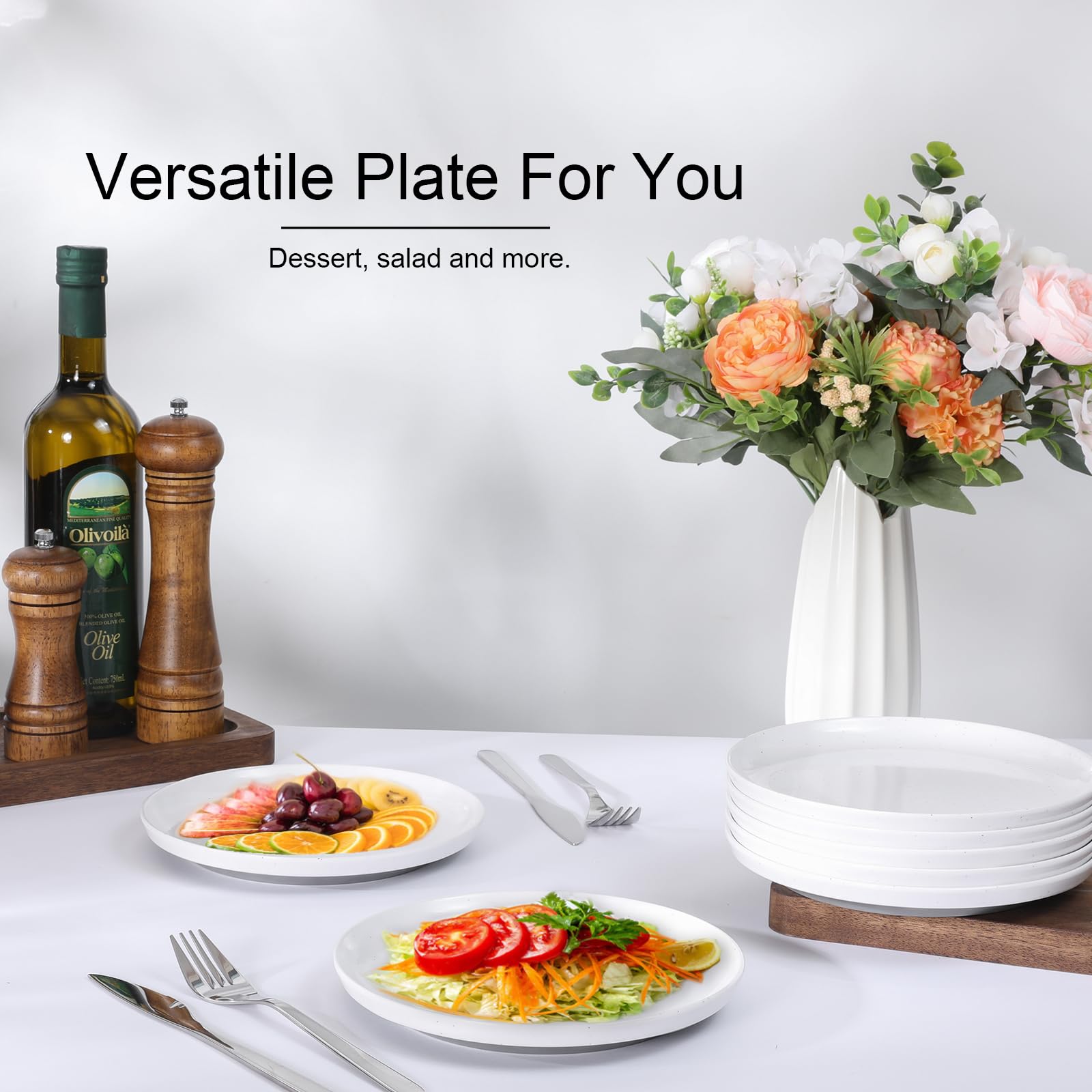 Webbylee Melamine Dessert Plates Set of 6-7.5" Serving Durable Dishes Perfect for Kitchen Outdoor Use,Durable Small Plates for Salad-White & Grey