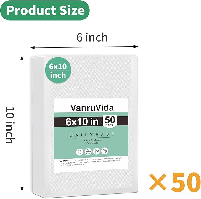 VanruVida Vacuum Sealer Bags,6” x 10” Pre-Cut Pint Size,50 Count for Food Saver,Commercial Grade Textured,BPA Free,Heavy Duty,Great for Vac Storage,Freezer, Meal Prep or Sous Vide