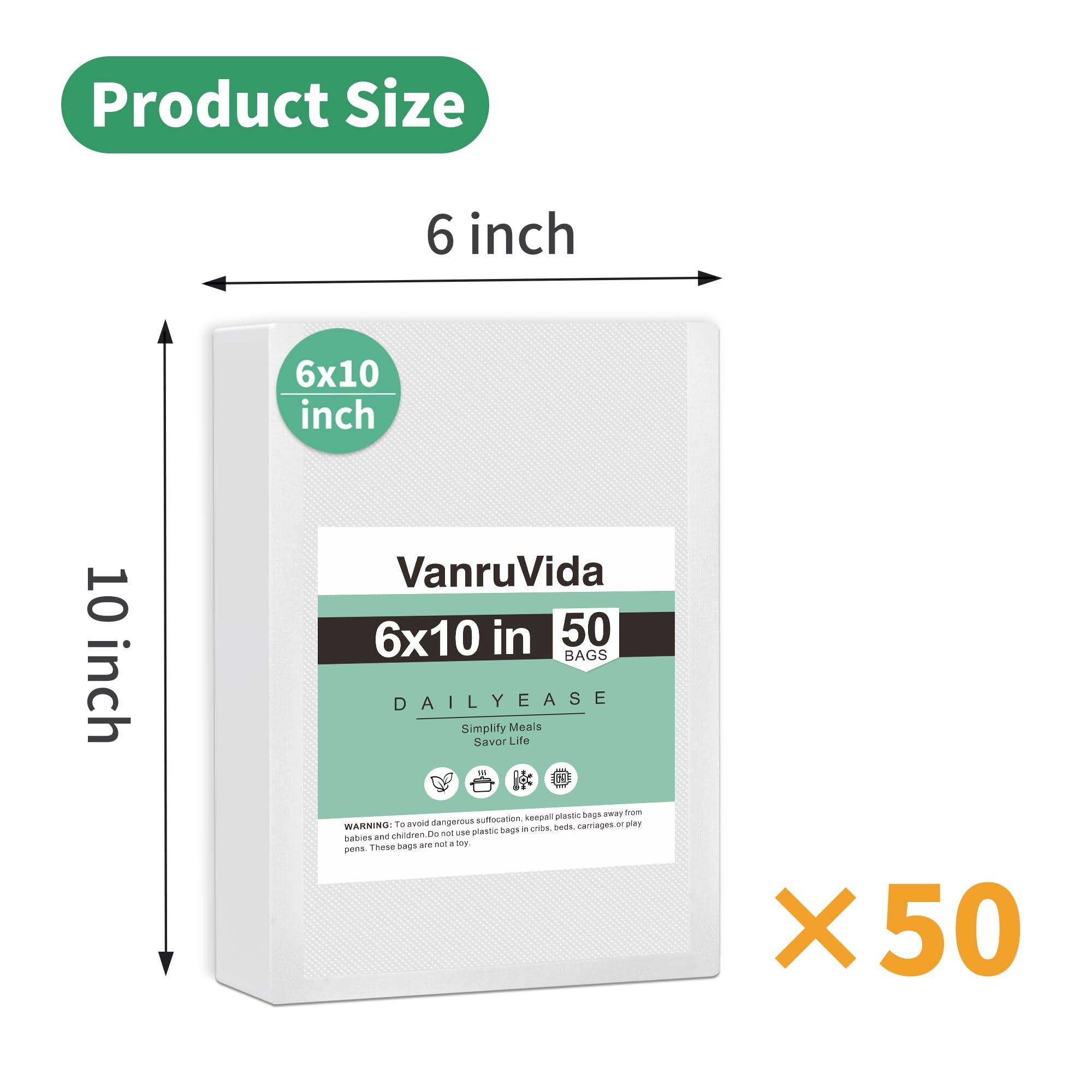 VanruVida Vacuum Sealer Bags,6” x 10” Pre-Cut Pint Size,50 Count for Food Saver,Commercial Grade Textured,BPA Free,Heavy Duty,Great for Vac Storage,Freezer, Meal Prep or Sous Vide