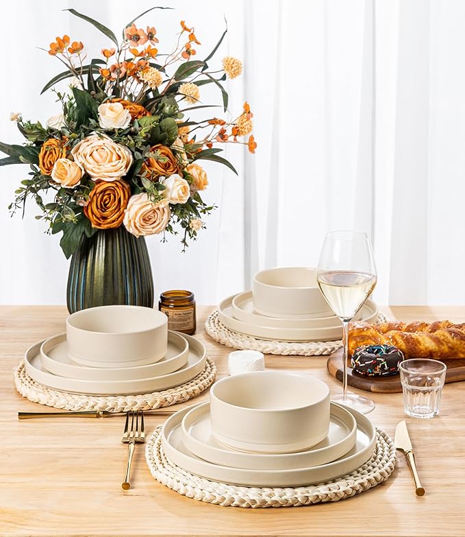 TheTerra Ceramic Dinnerware Set for 4, 12-Piece Plates and Bowls Set