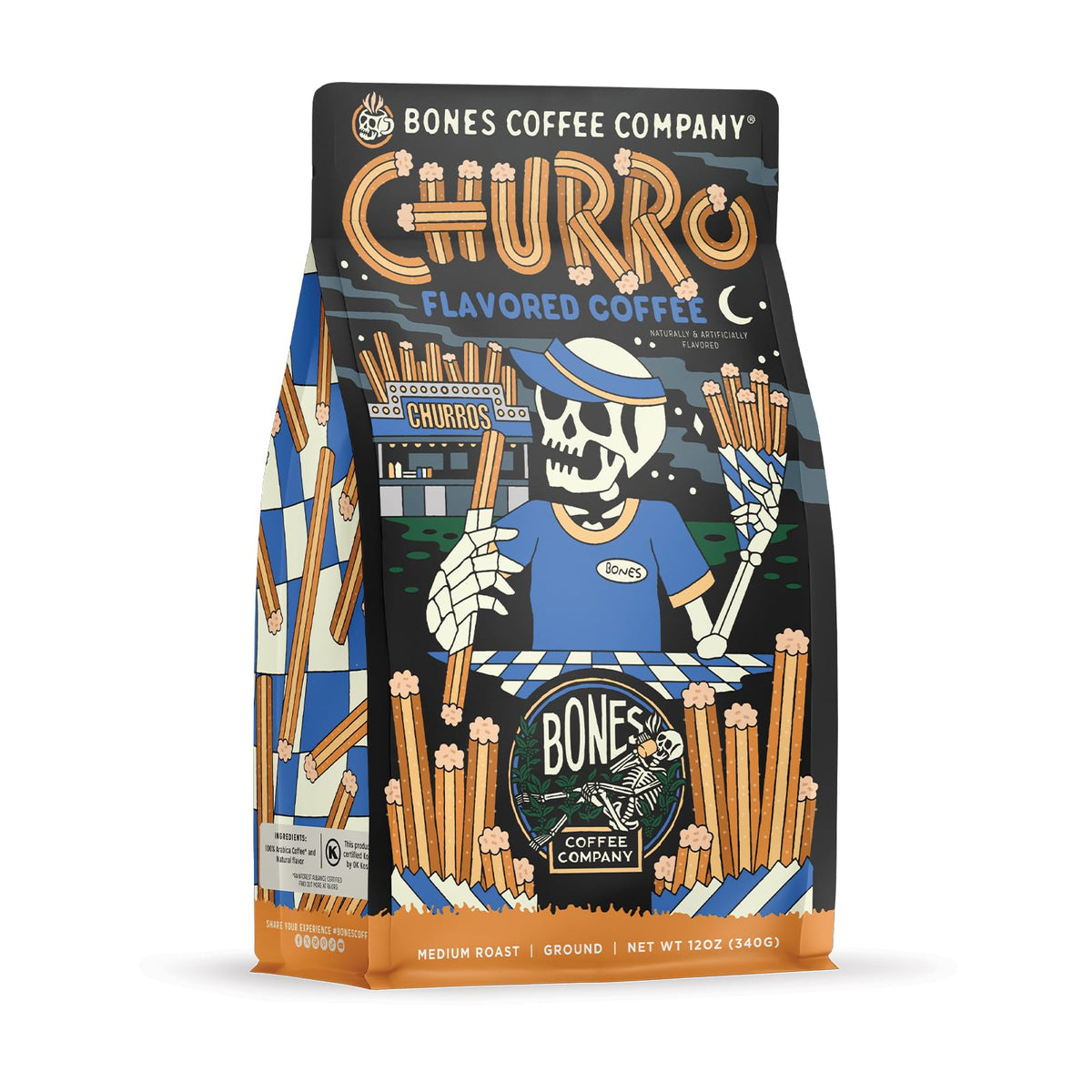Bones Coffee Company S'morey Time Flavored Coffee - Medium Roast - Ground or Whole Bean - Low-Acid Arabica Coffee Beans - Balanced S'mores and Graham Cracker Flavor - 12 Oz