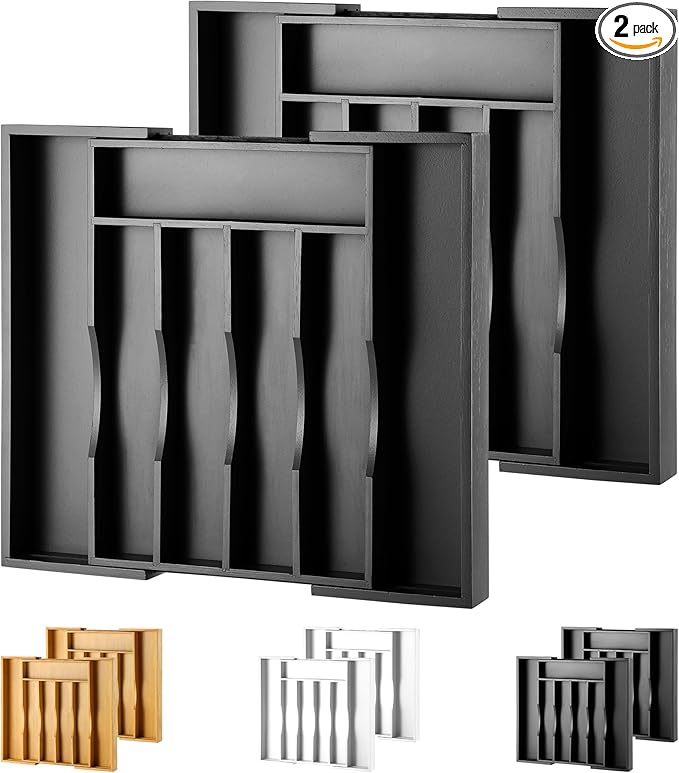 oridom 2-Piece Expandable Bamboo Kitchen Drawer Organizer for Cutlery and Utensils, Adjustable Bamboo Wood Cutlery Tray in Drawer for Flatware and Silverware in Kitchen, (Black)
