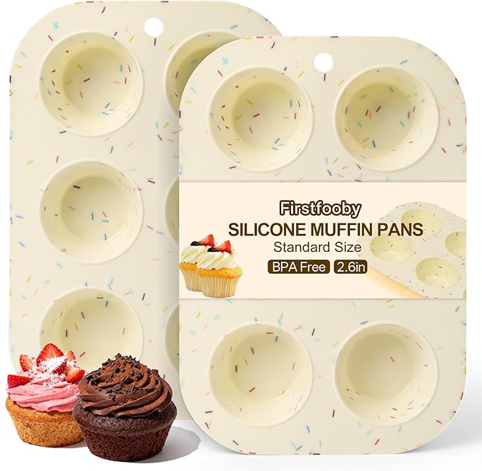Firstfooby 2 Pack Silicone Muffin Pan for Baking, Regular Size Nonstick Cupcake Pan, 6-Cup Silicone Muffin Tin BPA Free Dishwasher Safe, Great for Muffin Cupcake Brownie Egg Tart