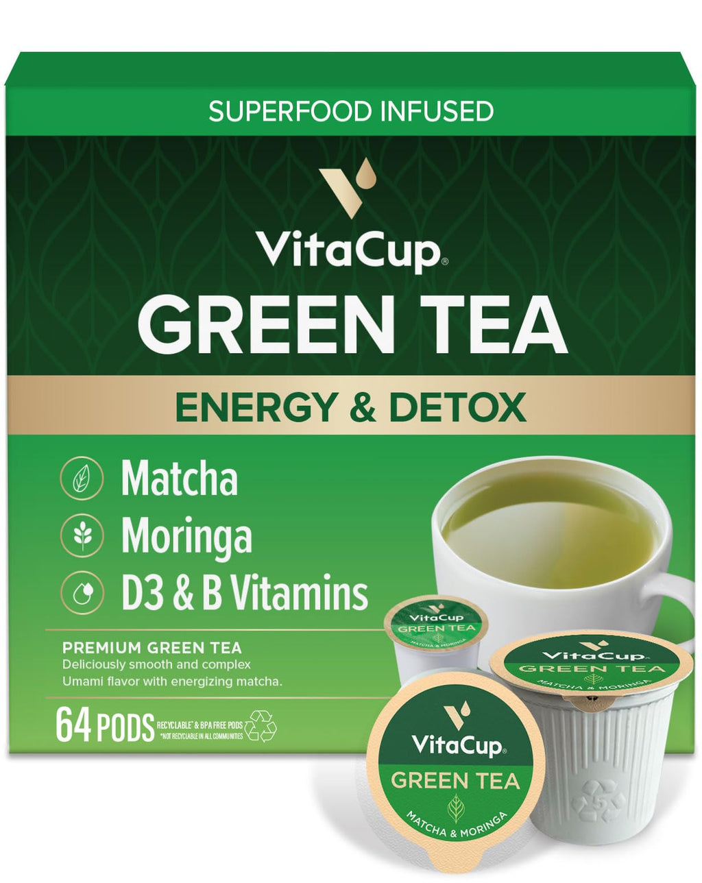 VitaCup Green Tea Instant Packets with Matcha, 16ct