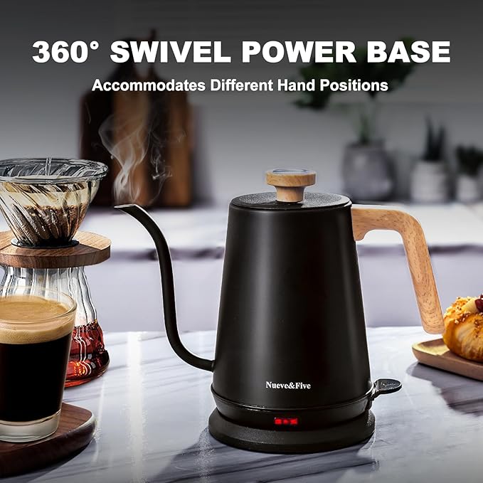 Nueve&Five Gooseneck Electric Kettle with Thermometer， Black Electric Kettle 1L with Auto Shut-Off，1000W Hot Water Kettle of Stainless Steel， Pour Over Kettle for Coffee & Tea