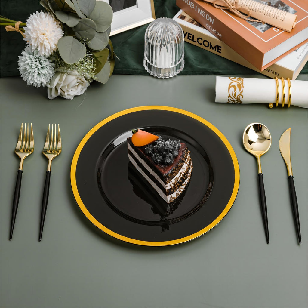 N9R 150PCS Black and Gold Plastic Silverware, Disposable Utensils & Cutlery
