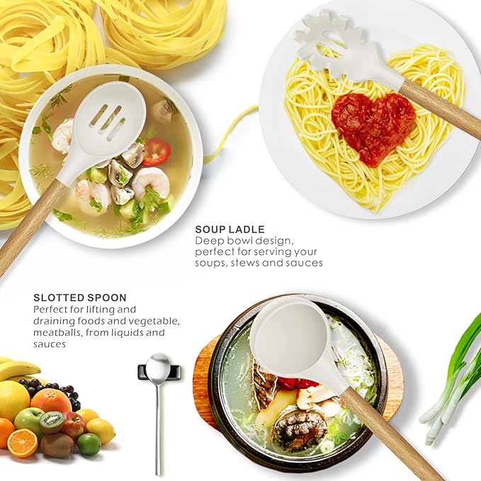 oannao Silicone Cooking Utensils Set - 446°F Heat Resistant Silicone Kitchen Utensils for Cooking,Kitchen Utensil Spatula Set w Wooden Handles and Holder for Non-Stick Cookware (Cream White)