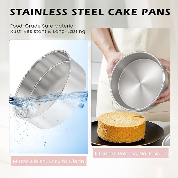 tutikuki 8 Inch Cake Pan - 3PCS Stainless Steel Round Layer Cake Baking Pans with 100 PCS Parchment Paper, Round Bakeware for Party Birthday Wedding, Mirror Finish & Dishwasher Safe