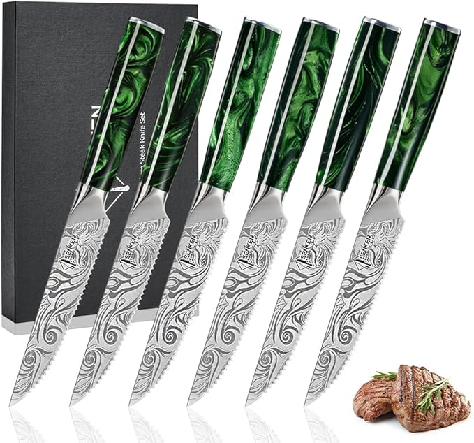 SENKEN Professional 6-Piece Steak Knife Set with Beautiful Engraved Pattern - Wasabi Collection - Razor Sharp Serrated High Carbon Steel & Emerald Green Resin Handle (6 Piece Steak Knife Set)