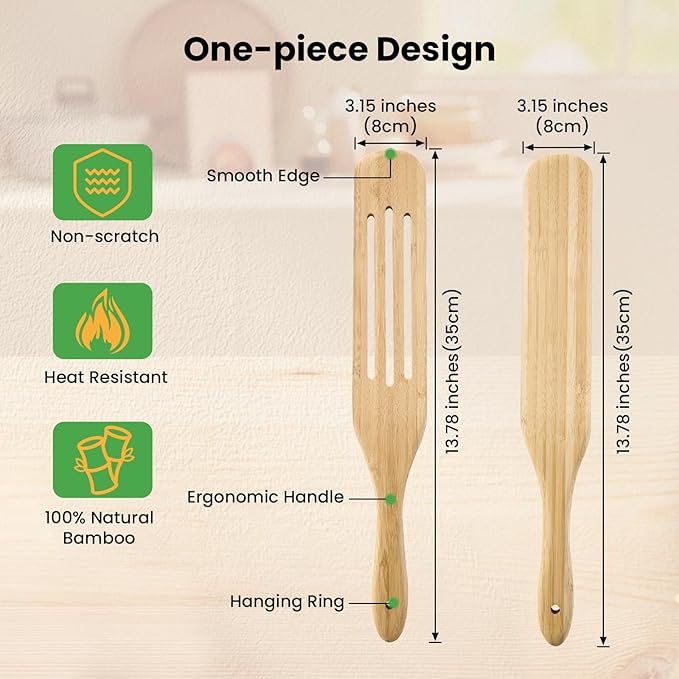 GEEKHOM Wooden Spurtle Set Bamboo Utensils: 13 Inch for Sourdough Starter, Mixing Scraping Serving, Reaching Jar Bottom, Nonstick Cookware 2 Set