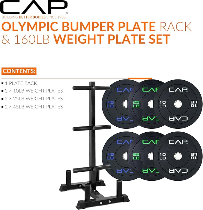 CAP 160lb Economy Olympic Bumper Plate Set with Storage Rack