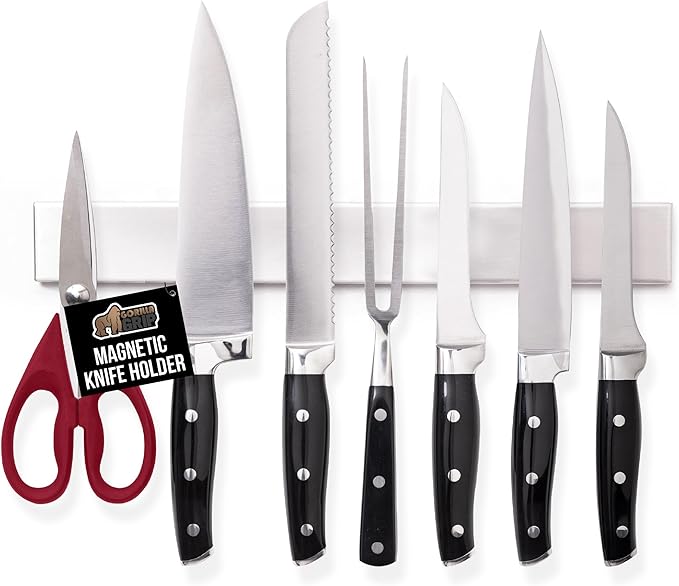 GORILLA GRIP 304 Stainless Steel Heavy Duty Magnetic Knife Holder, Secure Wall Mounted Bar for Knives, Tools, Holds Up to 6 lbs, Kitchen Organizer, 10 Inch Strip, Easy Installation, Screws Included
