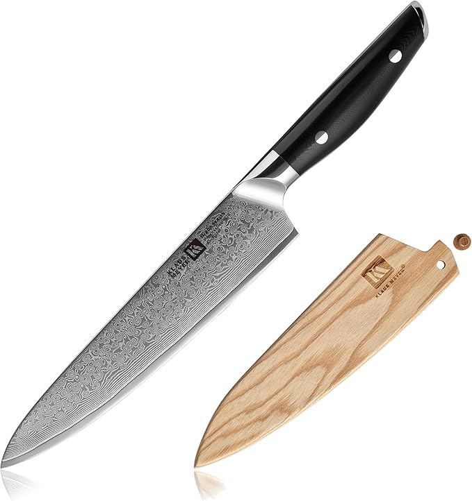 Klaus Meyer Luxor 8 Inch Chef Knife, Damascus Kitchen Knife, VG10 High Carbon Stainless Steel Japanese Chefs Knife