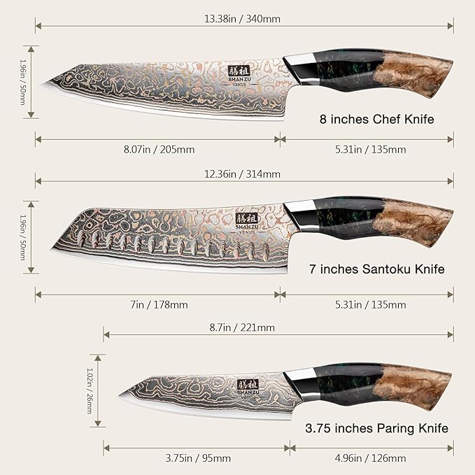 SHAN ZU 3PCS Damascus Knife Set, Japanese Kitchen Knives Set