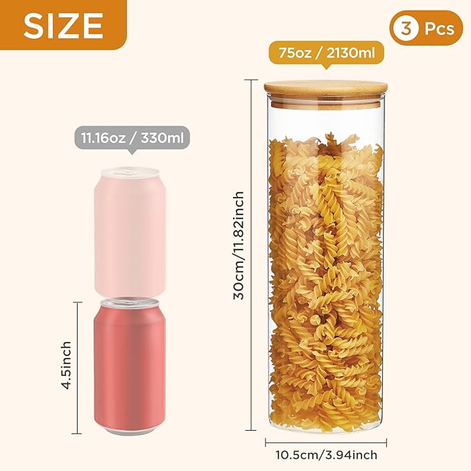 Spreccio Glass Food Storage Jars with Lids 2.34 Qt [Set of 3], Perfect for Pasta, Cookies, Nuts, Coffee, Cereal, Flour, and More, Organize Your Kitchen and Pantry with these BPA-Free Glass Canisters