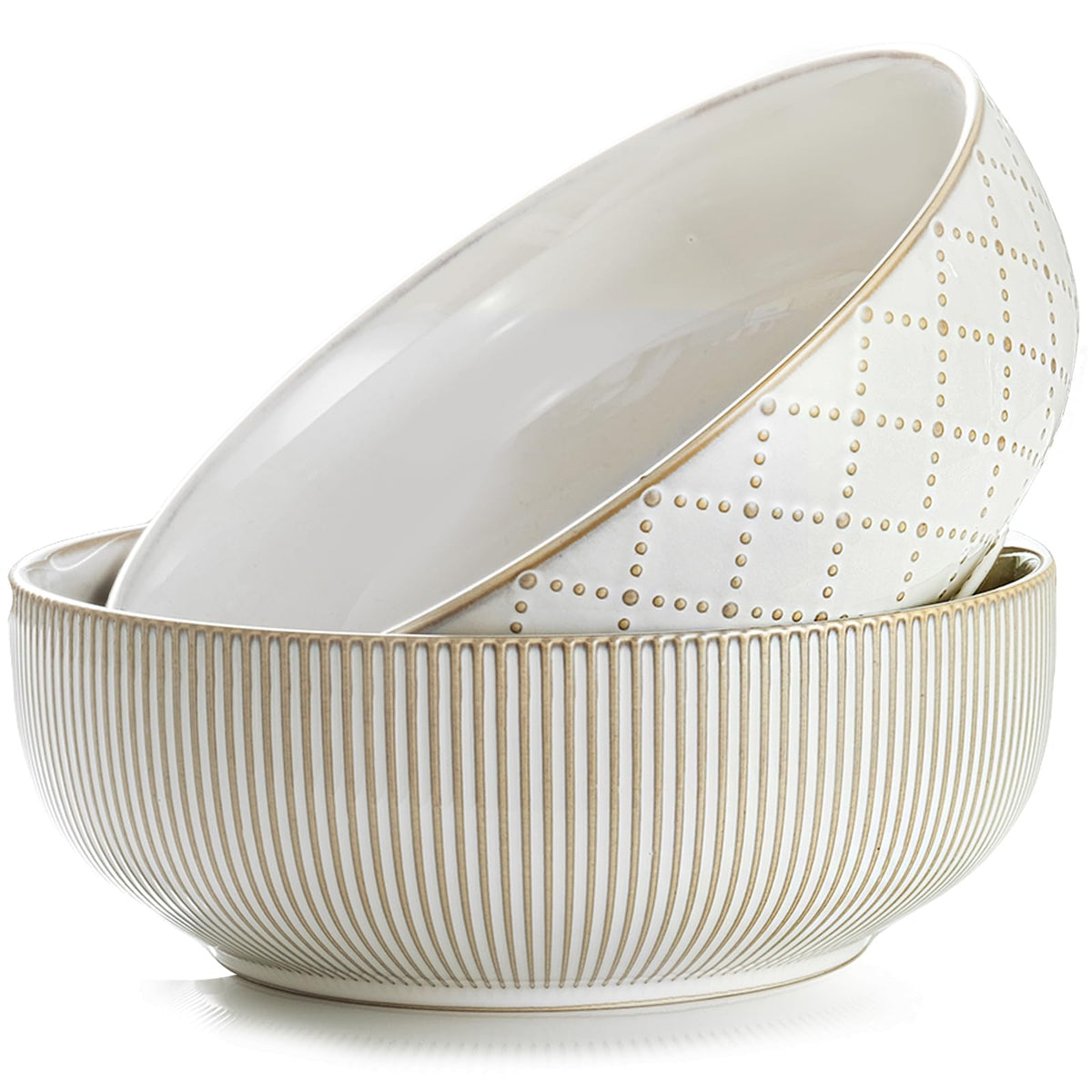 getstar Large Serving Bowls (8 inch & 60 fl oz), Ceramic Salad Bowl Set of 2, Microwave and Dishwasher Safe, Farmhouse Kitchen Decorative Bowls Set (Embossed Stripes & Stars)
