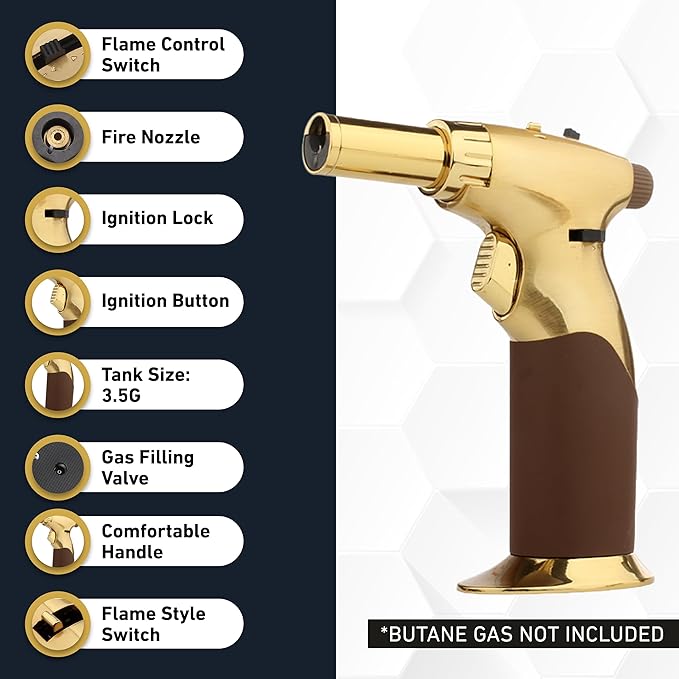 Dual Flame Butane Torch Gun - Refillable Luxury Hand Held Mini Blow Torch for Cooking, Creme Brulee, Soldering, Welding, & Resin Art - Adjustable Flame with Ignition Lock - Gold Brown by inZaynity®