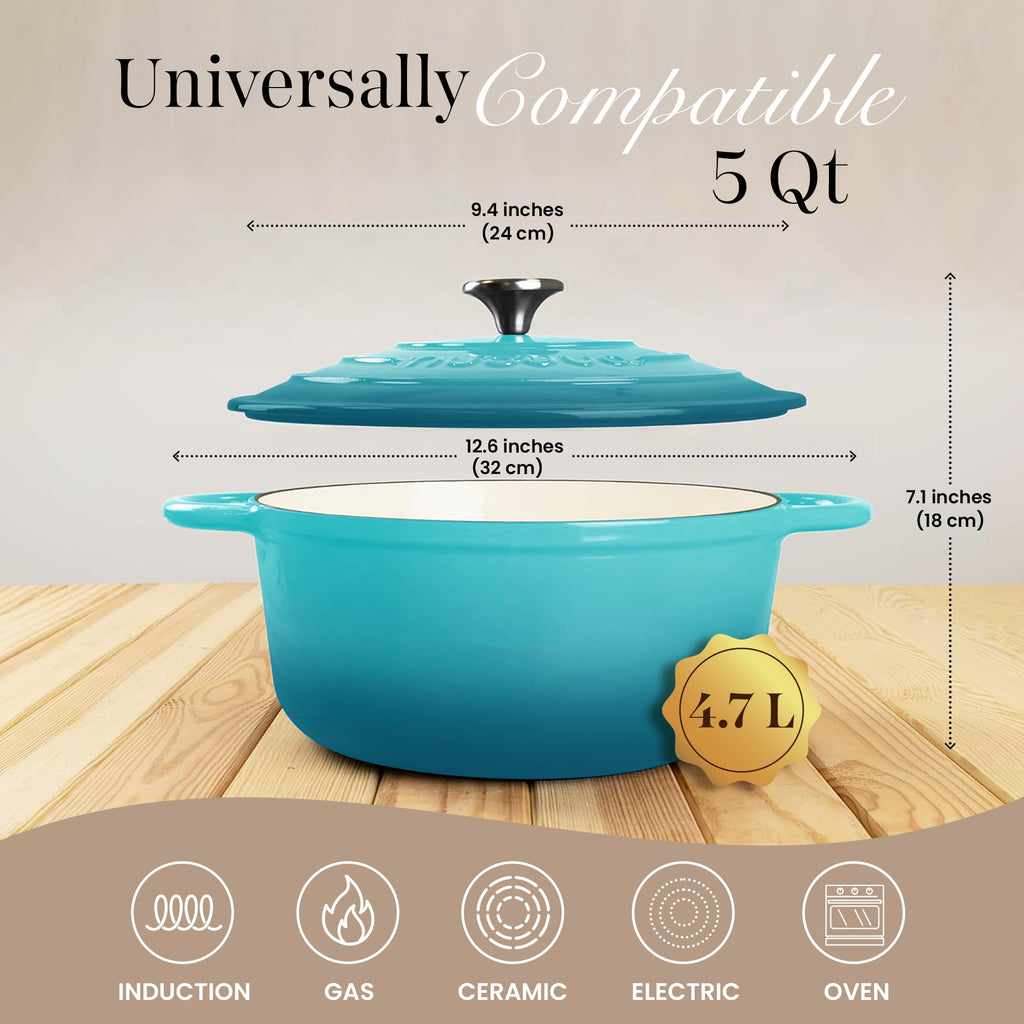 Cast Iron Dutch Oven with Lid - Non-Stick Ovenproof Enamelled Casserole Pot - Sturdy Dutch Oven Cookware - Teal, 5- Quart, 24cm- by Nuovva