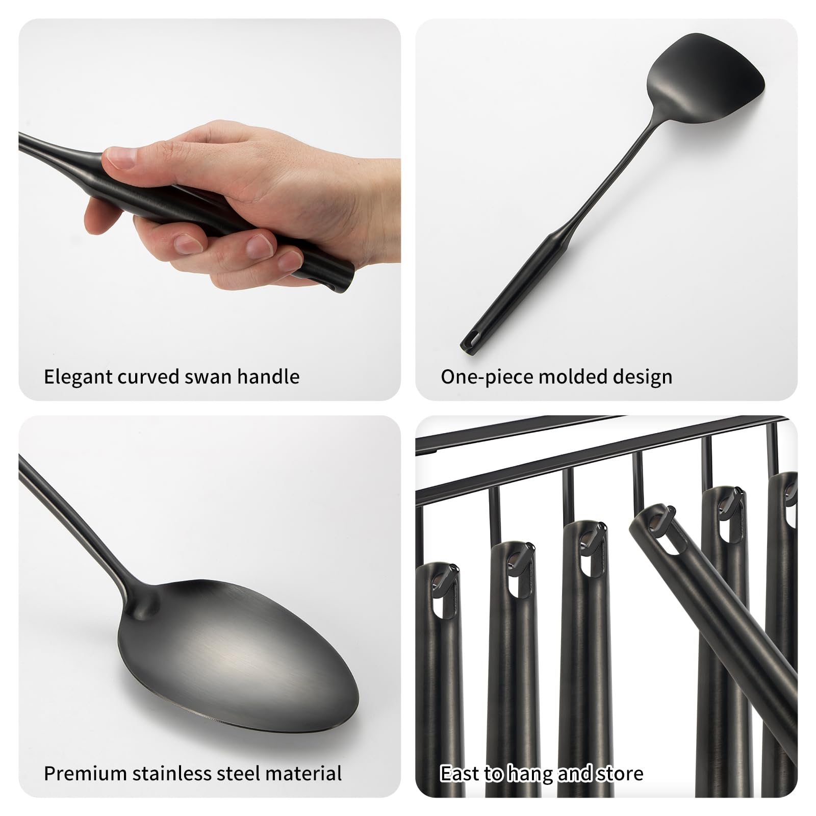 304 Stainlss Steel Matte Kitchen Utensils Set, 11 Pcs Long Metal Cooking Utensil Gadgets Tools Set with Spatula, Ladle, Spoon, Ladle, Skimmer, Tunner, Pasta Server, Tongs(Black, Dishwasher Safe)