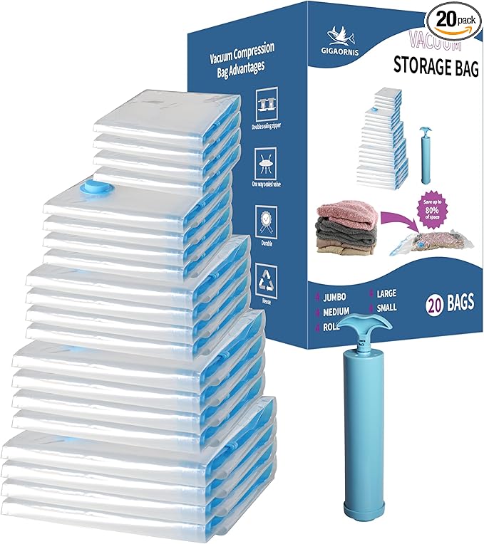 Vacuum Storage Bags 20 Pack Hand Pump, 80% Space Saver Vacuum Sealer bags
