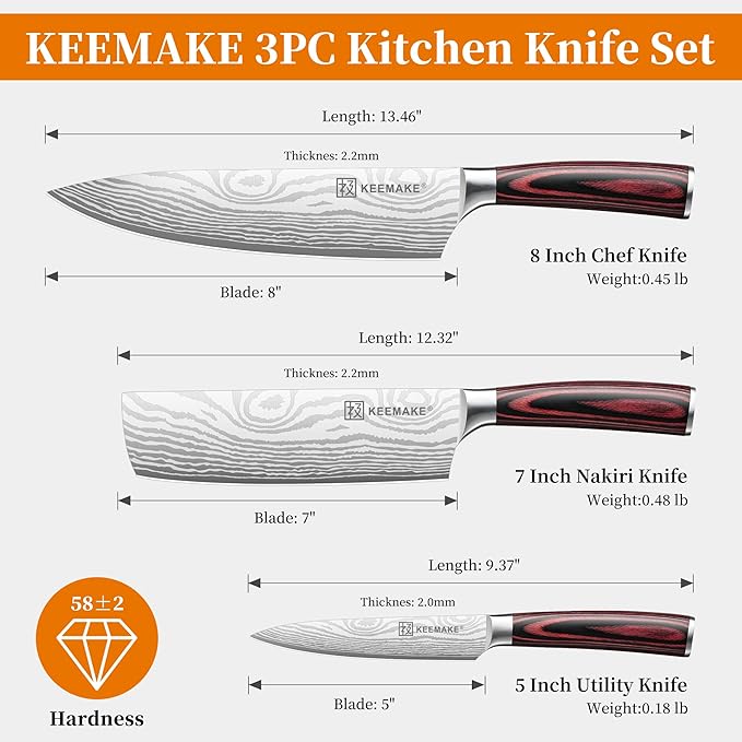KEEMAKE 3 Pieces Kitchen Knife Set, Professional Ultra Sharp Chef Knife Set