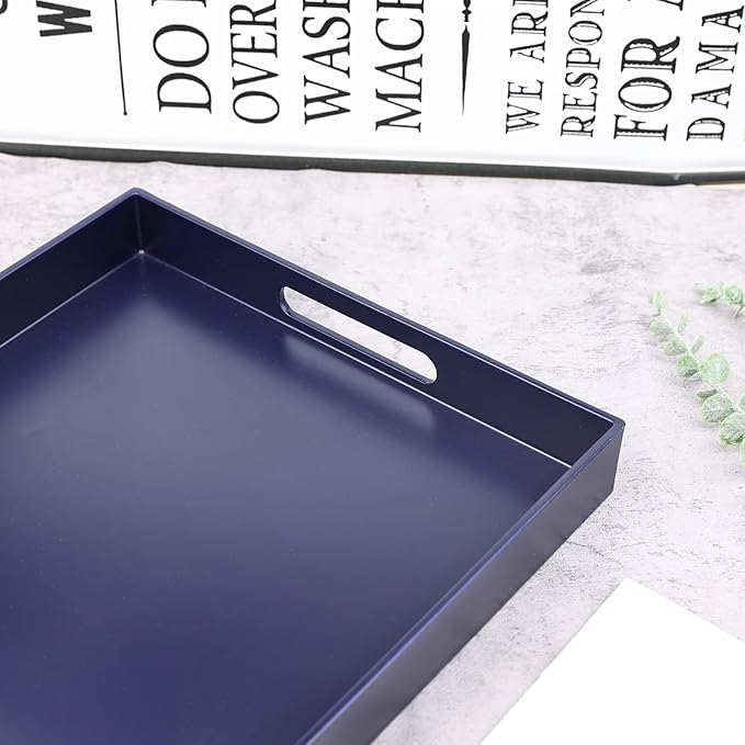 SforGUVA Navy Blue Serving Tray for Coffee Table, Rectangular Plastic Decorative Tray with Handles for Entertaining, Outdoor Patio, Living Room, Ottoman, Bathroom Counter, 11.8”*15.7”*1.6”