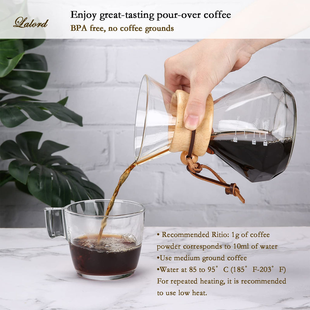 Lalord Pour Over Coffee Maker, 400ml/13.5oz Borosilicate Glass Carafe with Stainless Steel Filter & Modern Wooden Collar, 2 Cups Capacity, Clear