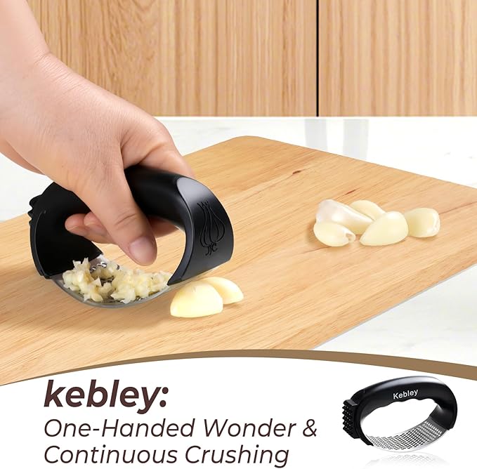 Kebley Garlic Press Rocker Stainless Steel Garlic Crusher, Mincer and Chopper with Peeler and Scraper,brush, Easy Kitchen Gadget for Effortless Smashing