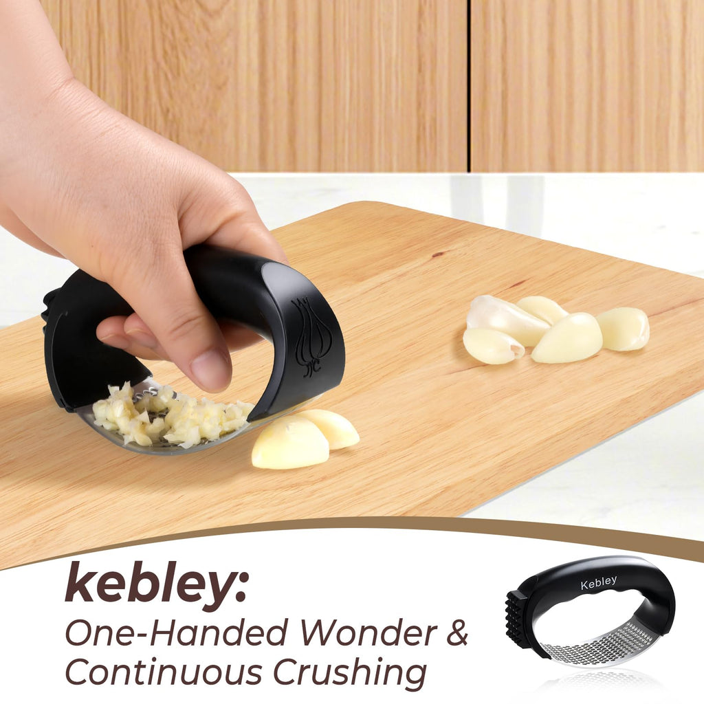 Kebley Garlic Press Rocker Stainless Steel Garlic Crusher, Mincer and Chopper with Peeler and Scraper,brush, Easy Kitchen Gadget for Effortless Smashing