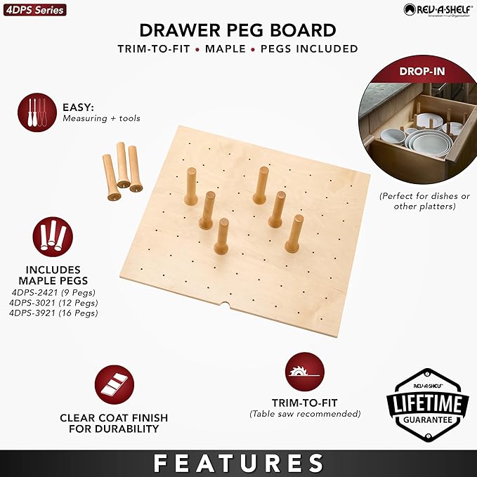 Rev-A-Shelf Pegboard Drawer Divider Organizer, Trim to Custom Fit Wooden Kitchen Cabinet Storage Utensil, Pots & Dish Rack, 39" x 21", 4DPS-3921
