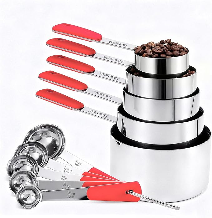 Bopei Measuring Cups and Spoons Set Stainless Steel 10 Piece for Cooking and Baking (5 Cups + 5 Spoons, Red Handle)