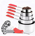 Bopei Measuring Cups and Spoons Set Stainless Steel 10 Piece for Cooking and Baking (5 Cups + 5 Spoons, Red Handle)