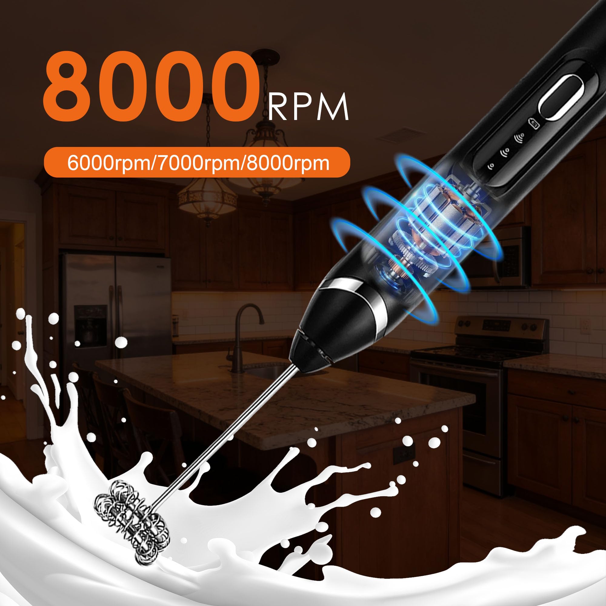 Rechargeable Milk Frother with Stand,Coffee Frother,Drink Mixer（Black)