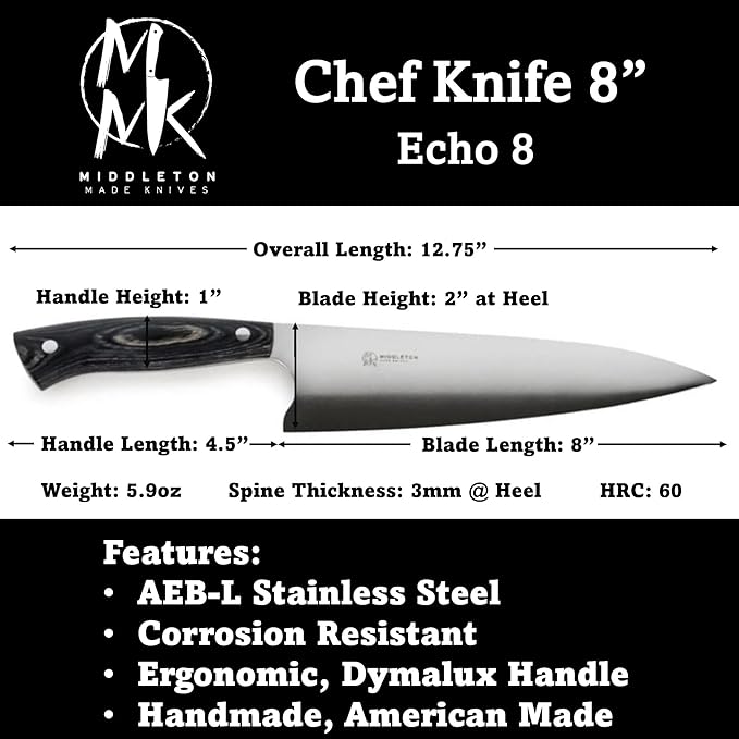 Middleton Made Knives Echo 8 Inch Chef Knife, AEB-L Stainless, Charcoal