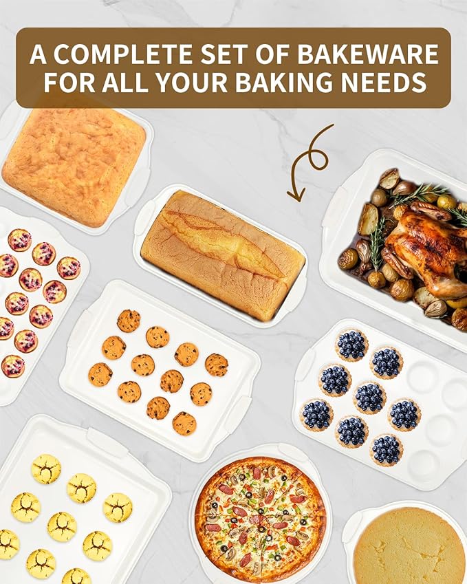 Ymiton Baking Pans Set with Silicone Handles, 34 PCS Nonstick Bakeware Sets, Oven Pan Set Includes Baking Tray, Cookie Sheet, Cake Pans, Loaf Pan, Muffin Pan, Pizza Pan