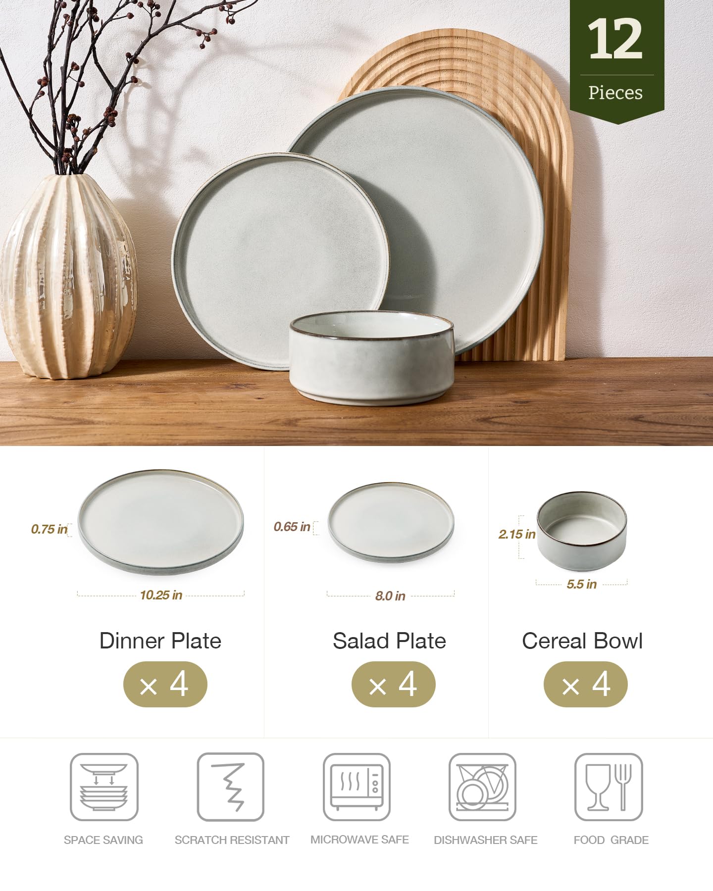 Famiware Annecy 12-Piece Stoneware Dinnerware Set, Grey White